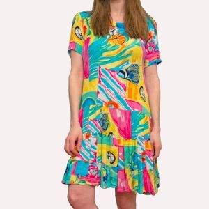 rainbow shell tiered dress ~ s/m ~ vintage